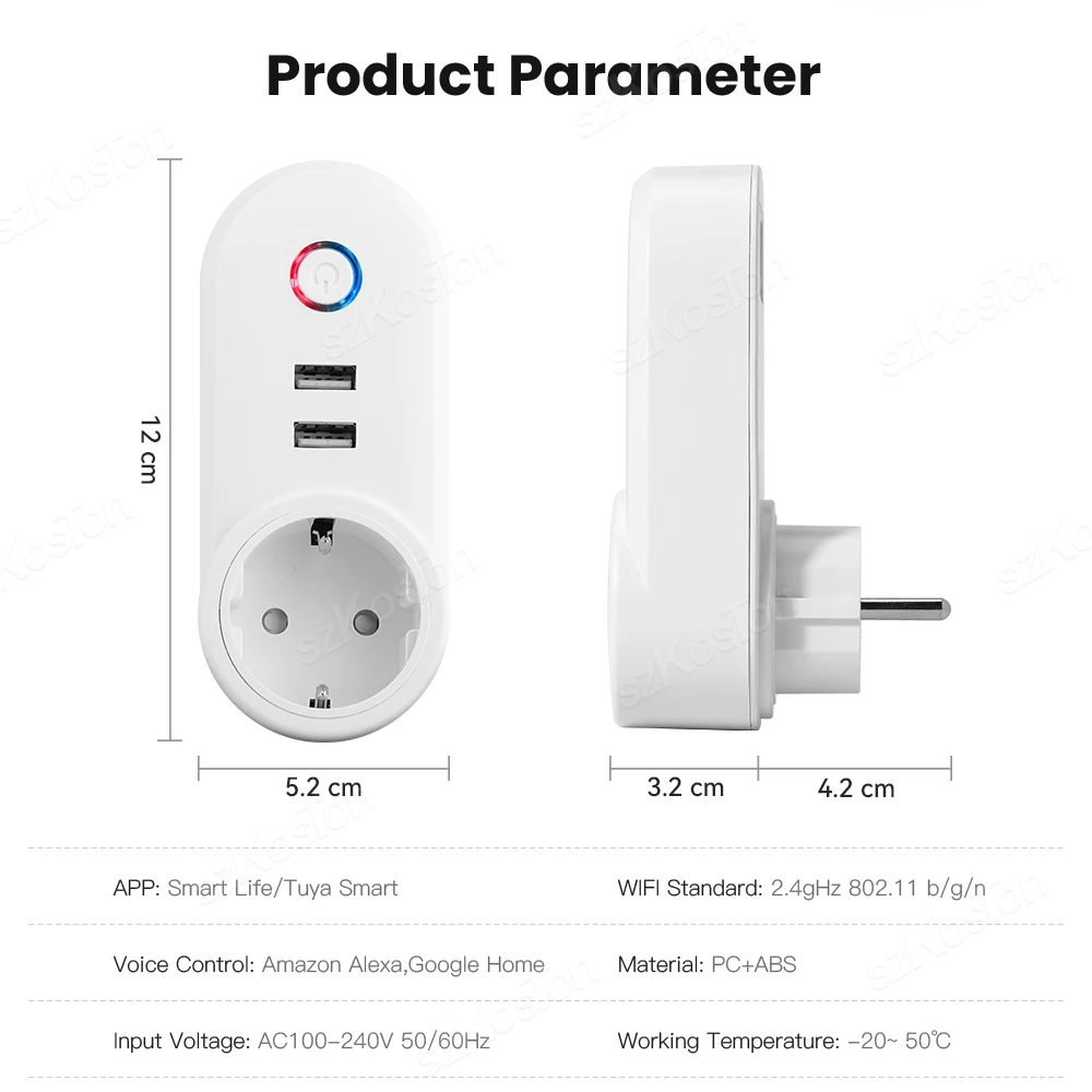 Tuya Smart Life Wifi Smart Plug with 2 USB Socket EU Power Outlet Phone Charger Timer Voice Control for Alexa Google Home