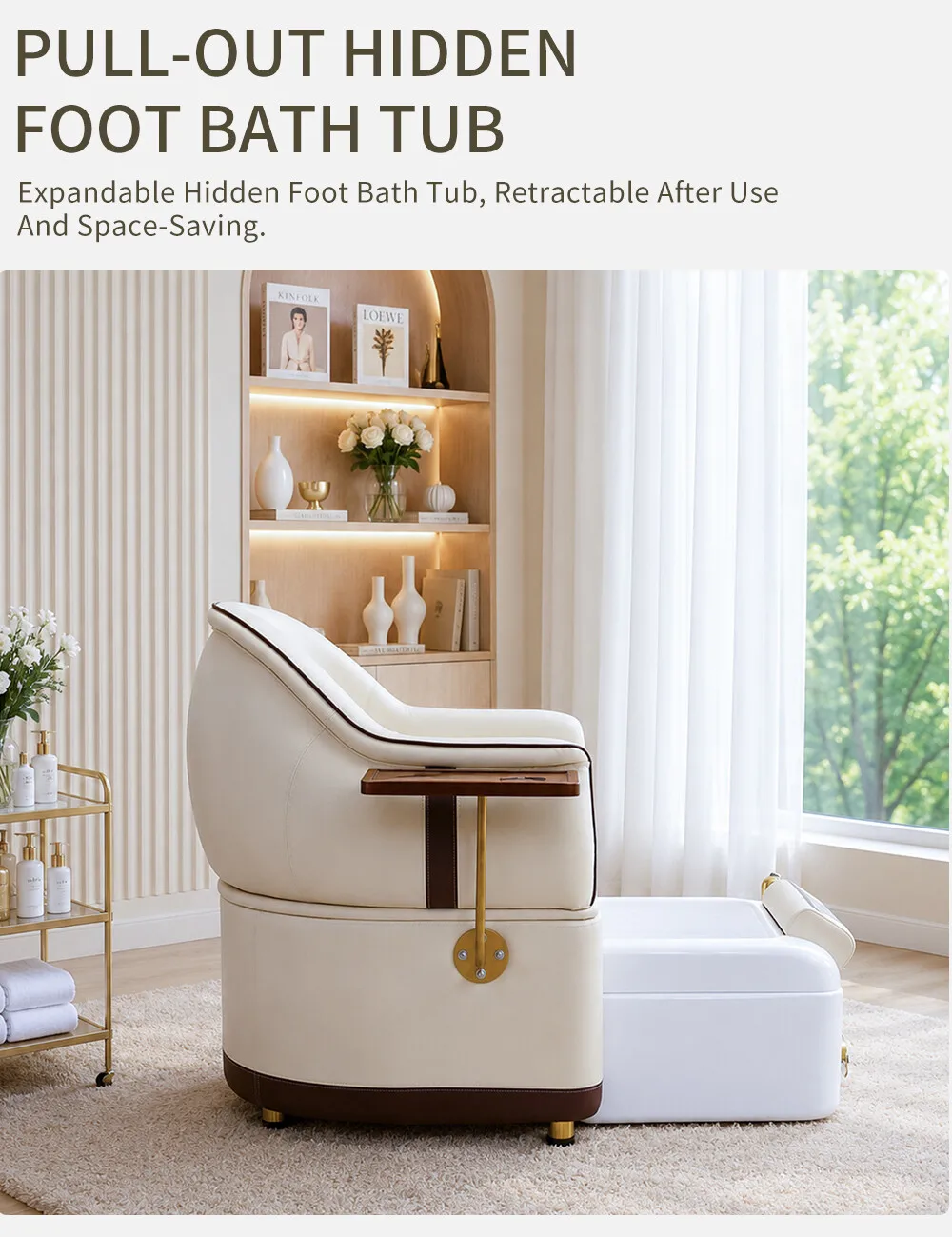 Großhandel Luxus-Pedikürestuhl mit ausziehbarem Fußbadbecken, Nagelstudio-Maniküre-Fuß-Spa-Stuhl, Beige Leder-Salonmöbel – Detail 7