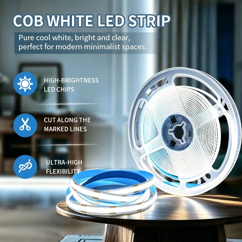 Ultra-Thin 8mm COB LED Strip Light Suitable for Home, Dimmable Hardwired Flexible Lighting with 320 LEDs/10m, Bendable for TV