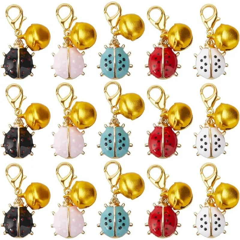 

30Pcs 5 Colors Ladybug Stitch Markers Crochet Stitch Markers Insect with Gold Bell Charms Lobster Clasps Locking Knitting Marker