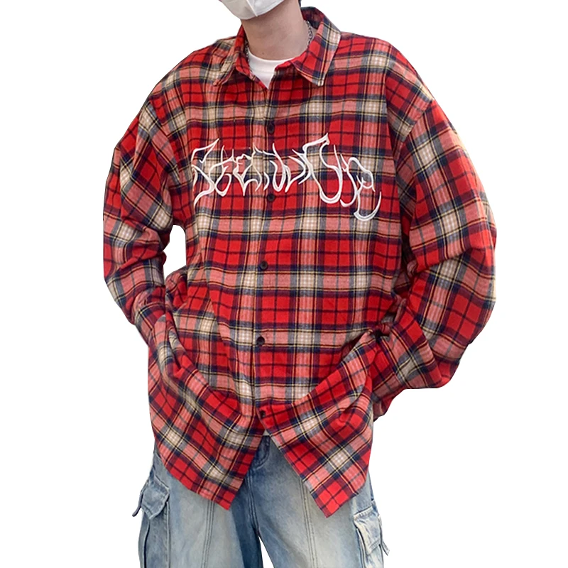 

Vintage Red Plaid Shirt Men's Retro Long-Sleeved Shirts Fashion Embroidery Handsome Harajuku Couples Cozy All-match Loose Shirt