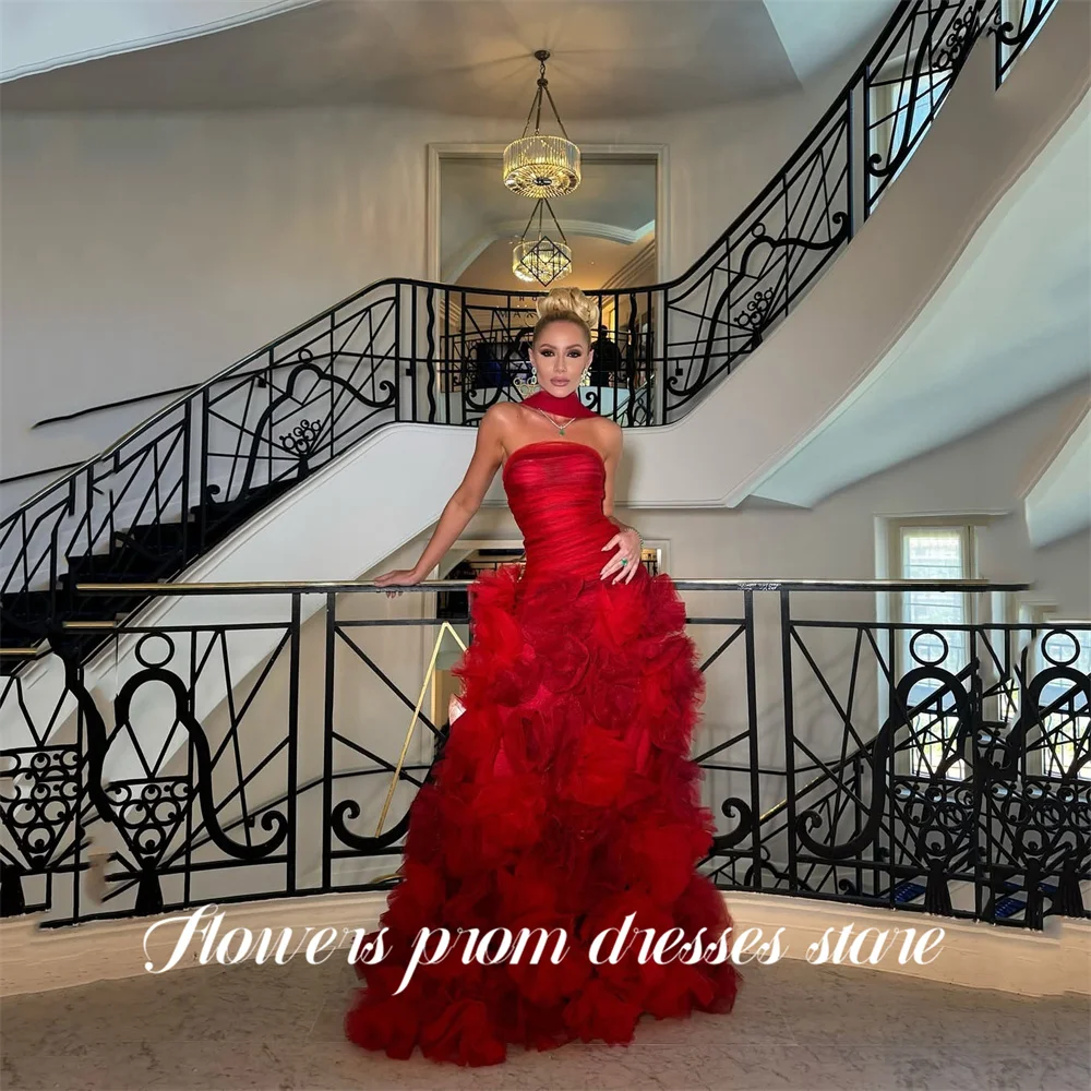 

Flowers Red Prom Dresses Strapless Evening Dress Ruffled Tulle Party Dress for Women with Flowers vestidos de fiesta Customized