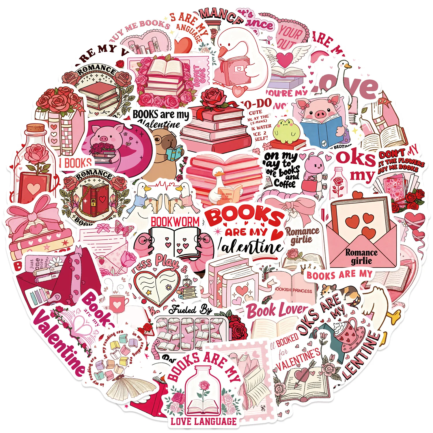 

50PCS Valentine's Day Bookish Graffiti Sticker Cartoon Creative Decoration Mobile Phone Case Stationery Box Waterproof Decal