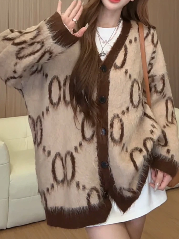 

Вязаный открытый кардиган в американском стиле ретро, женский свободный ленивый топ кофейного цвета, пальто Long Sve Camere, повседневное модное пальто