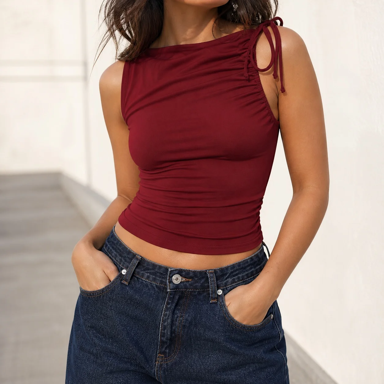 Women Y2K Women's Tanks Sleeveless Slant Neck Drawstring Tie Front Ruched Fitted Crop Top Solid Cotton Linen Casual Tank