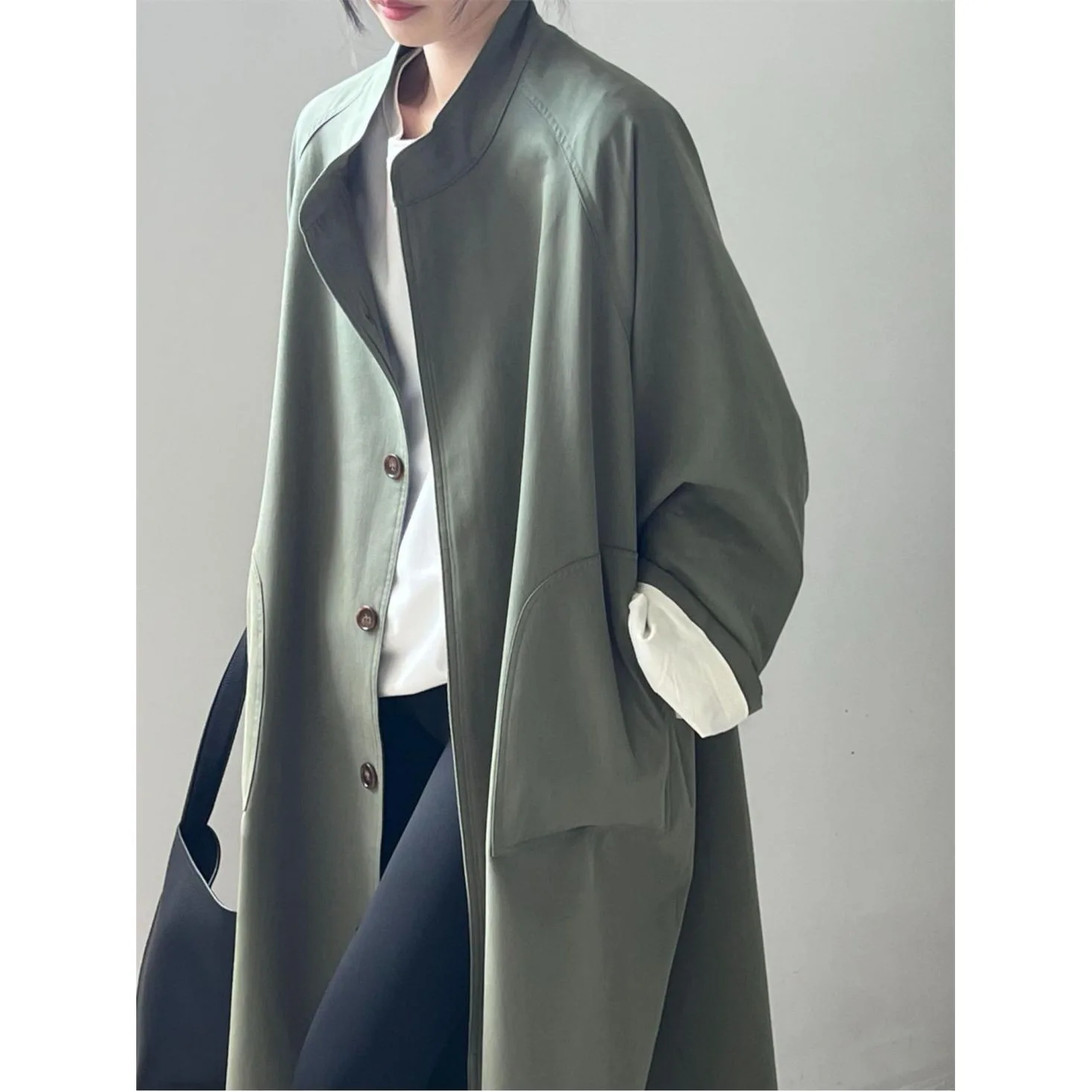 معطف طويل برقبة ثابتة لعام 2025 للنساء لربيع وخريف معطف غير رسمي بياقة مقلوبة وصدر واحد معطف غير رسمي وراقي #5
