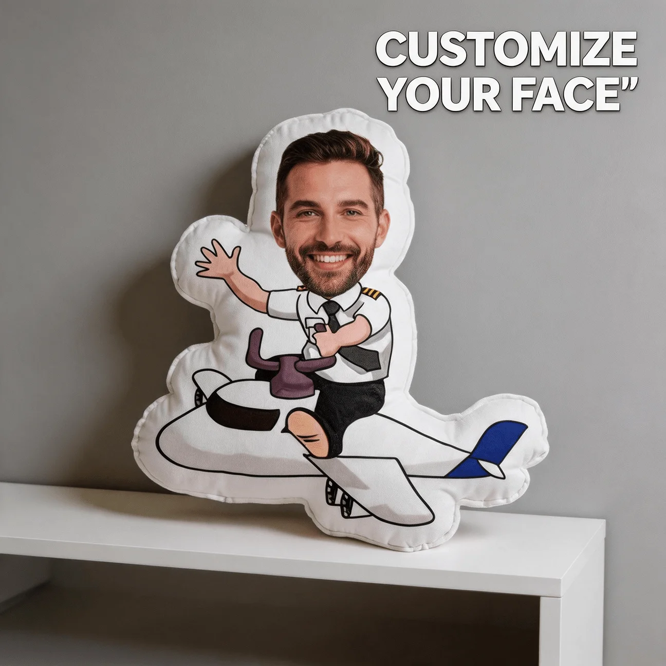 Custom Photo Pilot Shaped Pillow, Personalized Face on Airplane Body Decorative Cushion, Unique Home Decor Accent for Sofa & Bed