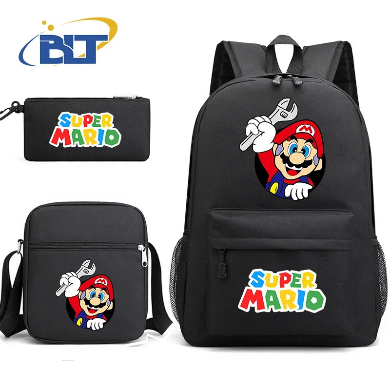 Conjunto de bolsa escolar masculina estampada MINISO Mario, mochila infantil, bolsa de ombro, estojo de lápis, conjunto de 3 peças