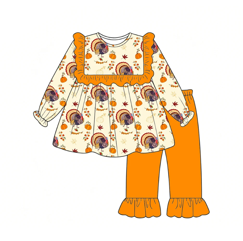 Bestselling girls' outfit boutique long-sleeved top and pants ruffled design Thanksgiving Day pumpkin turkey and beverage print