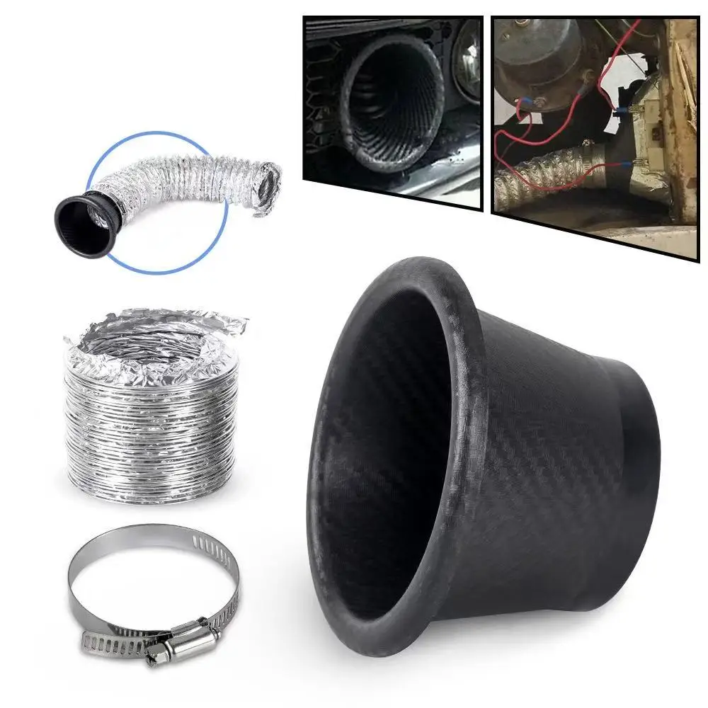 

Car Air Intake Inlet Carbon Fiber Look Round Duct Pipe Square Horn Vent Universal Racing Engine Cold Air Feed Induction Kit