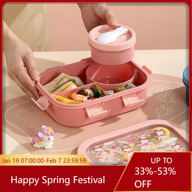 Child Cartoon Lunch Box Portable Compartment Picnic Meal Box with Leak Proof Soup Bowl Microwaveable Heating Seal Bento Box