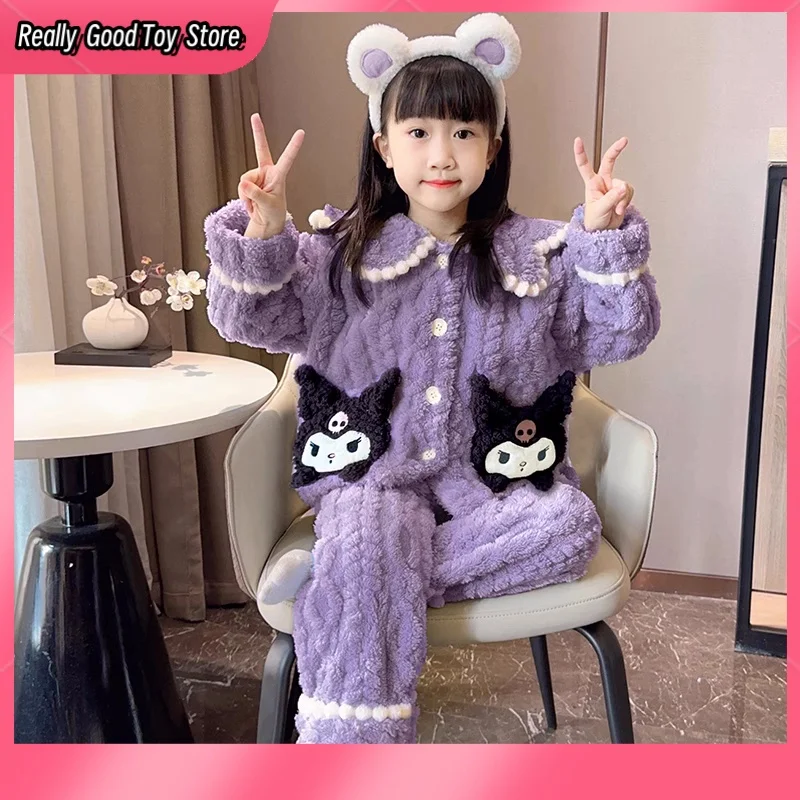 2024 Miniso Kuromi My Melody Girl Pajamas Flannel Thickened  Autumn Winter Coral Velvet Home Clothes Children Keep Warm Pajamas