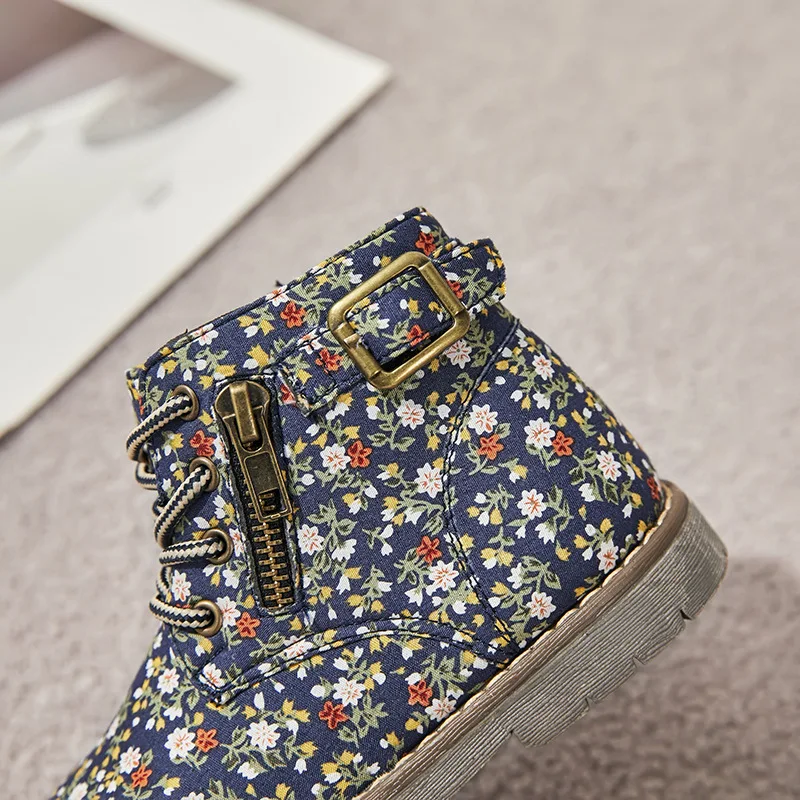 Winter Autumn Children Short Boots With Velvet Inside Baby Warm Cotton Boots Girls Fashion  Floral Print Princess Boots