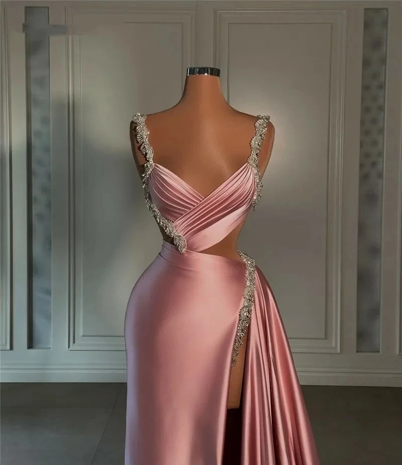 Rose Pink Satin Mermaid Formal Evening Dress Beads Spaghetti Straps Prom Dresses robe de soirée Sexy Side Split Party Gown