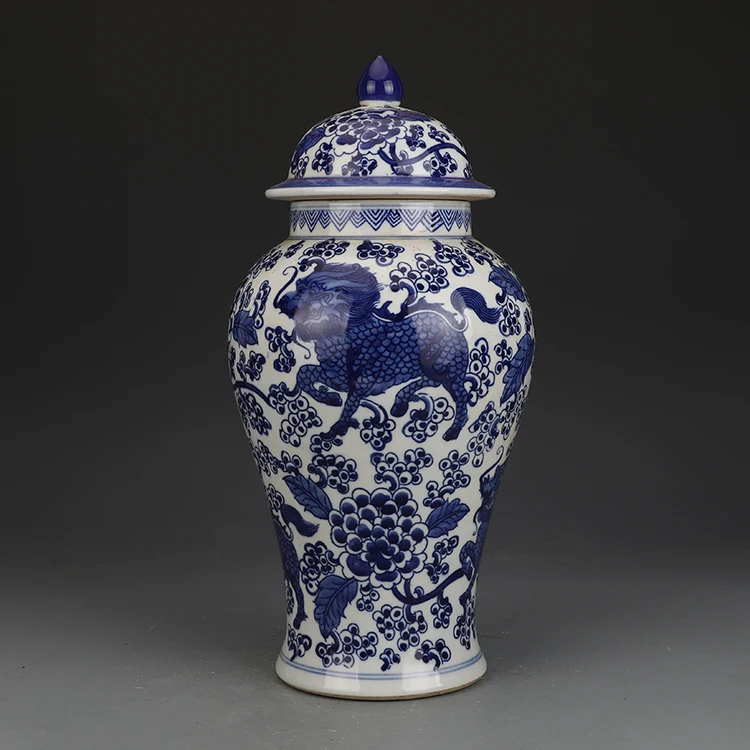 

Yipintang Blue And White Flower Unicorn Pattern General Tank Cover Can Antique Collection Ornament