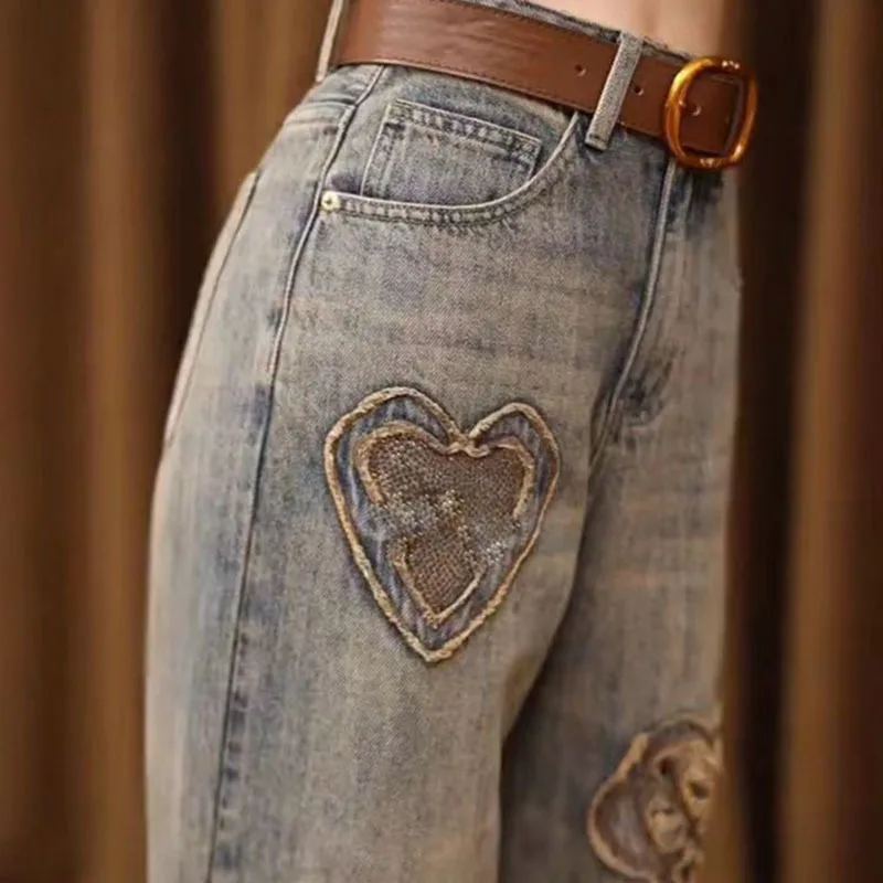 Women's Jeans Loose High Waist Embroidery Rhinestone Hollow Out Butterfly Burrs Denim Pants 2023 Autumn New Fashion