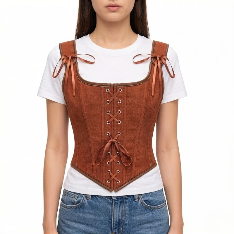 

Retro Square Neck Corset Top Women Green Lace Up Waist Trainer Ribbon Detail Vintage Streetwear Club Party Outfit