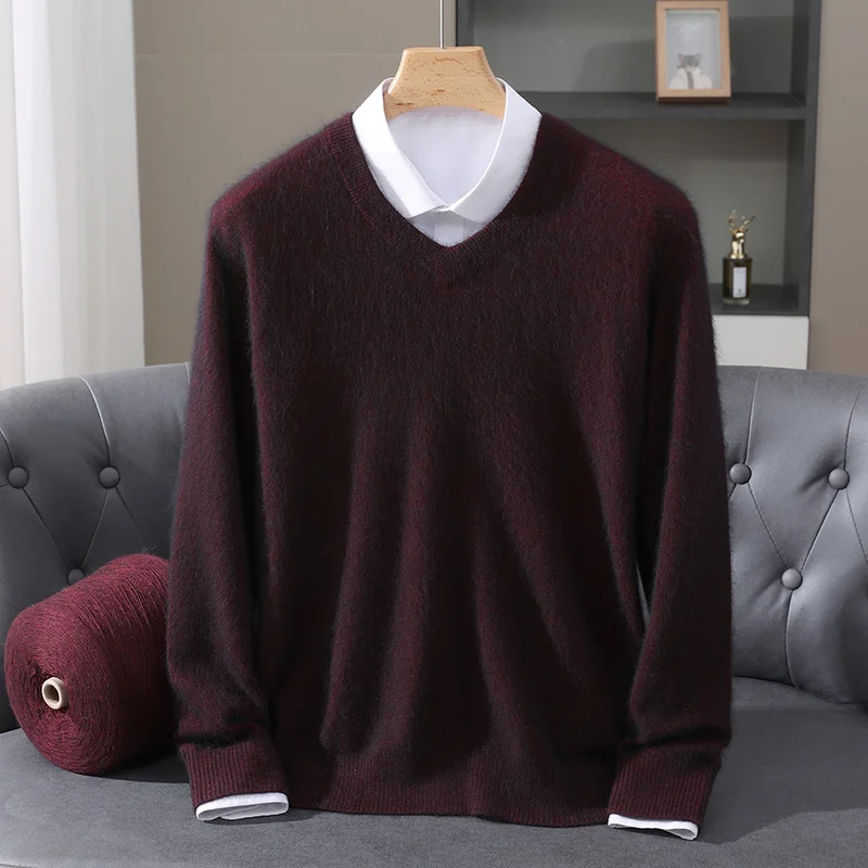 High Quality  Men Long Sleeve Knitwear  Sweater Autumn  And  Winter V-Neck 100%  Mink Cashmere  Soft  Warm  Clothing  Tops