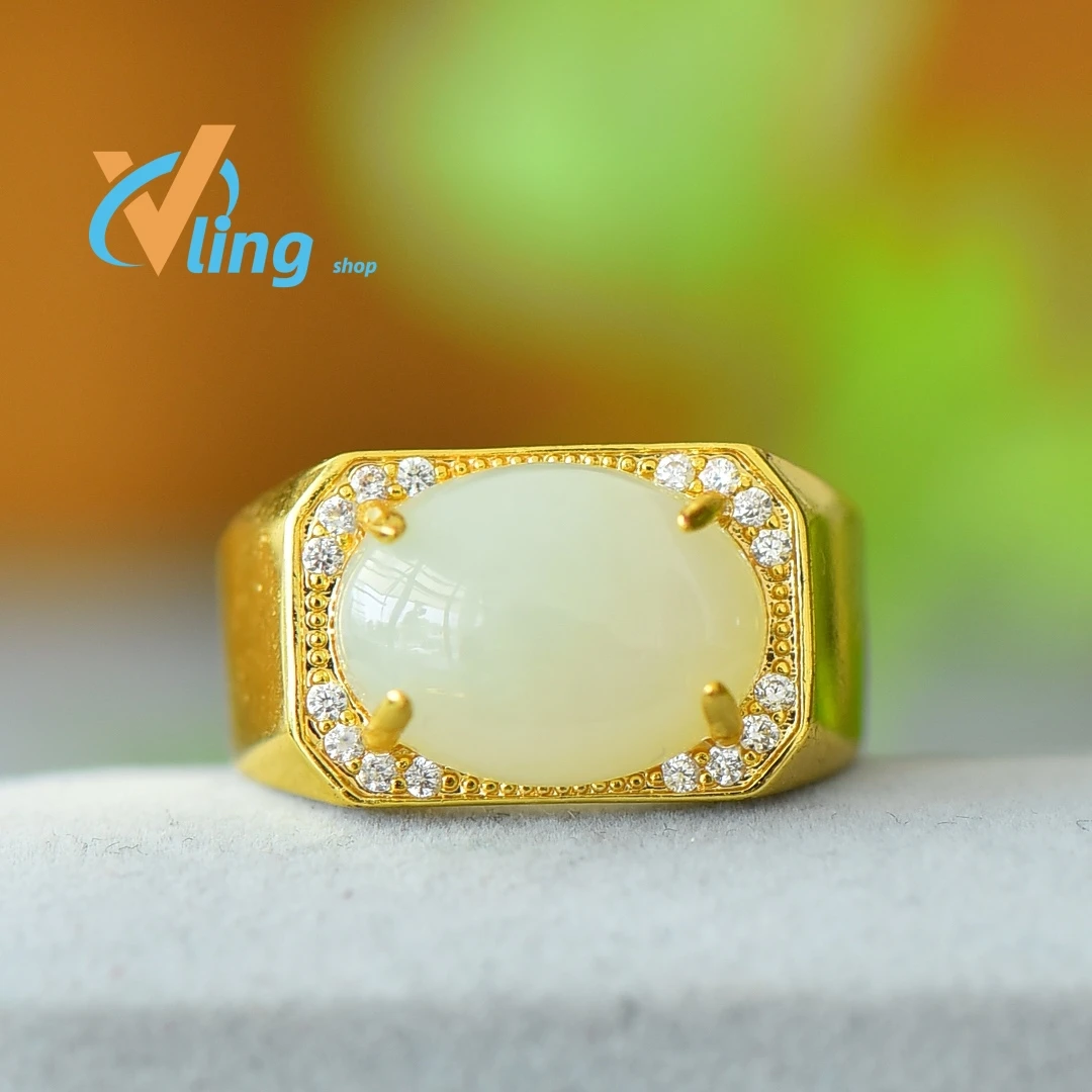 

Jade chalcedony ring with copper opening inlaid with jade white jade fashion ring for women