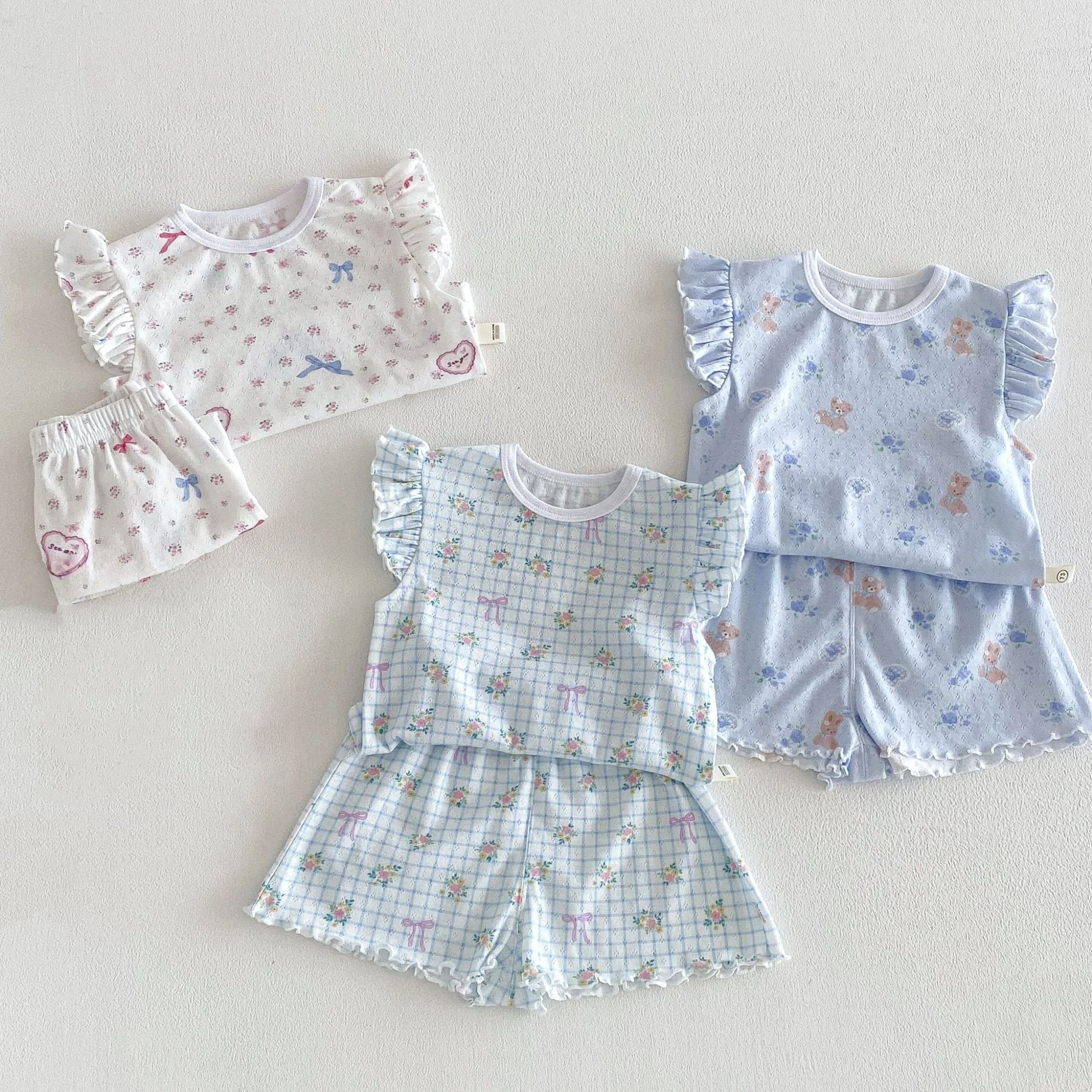 6M-5Y Summer Cute Kids Set Floral Flutter Sleeve Top+Ruffle Hem Shorts 2Pcs Clothing for Girls Breathable Soft Children Suit