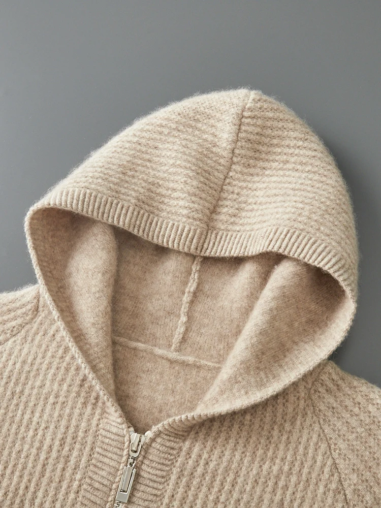 Daily Clothes Autumn Winter Sweater Men's Coat 100% Merino Wool Sweater Cardigan Knitted Jacket Thicked Hooded Outerwears Trend