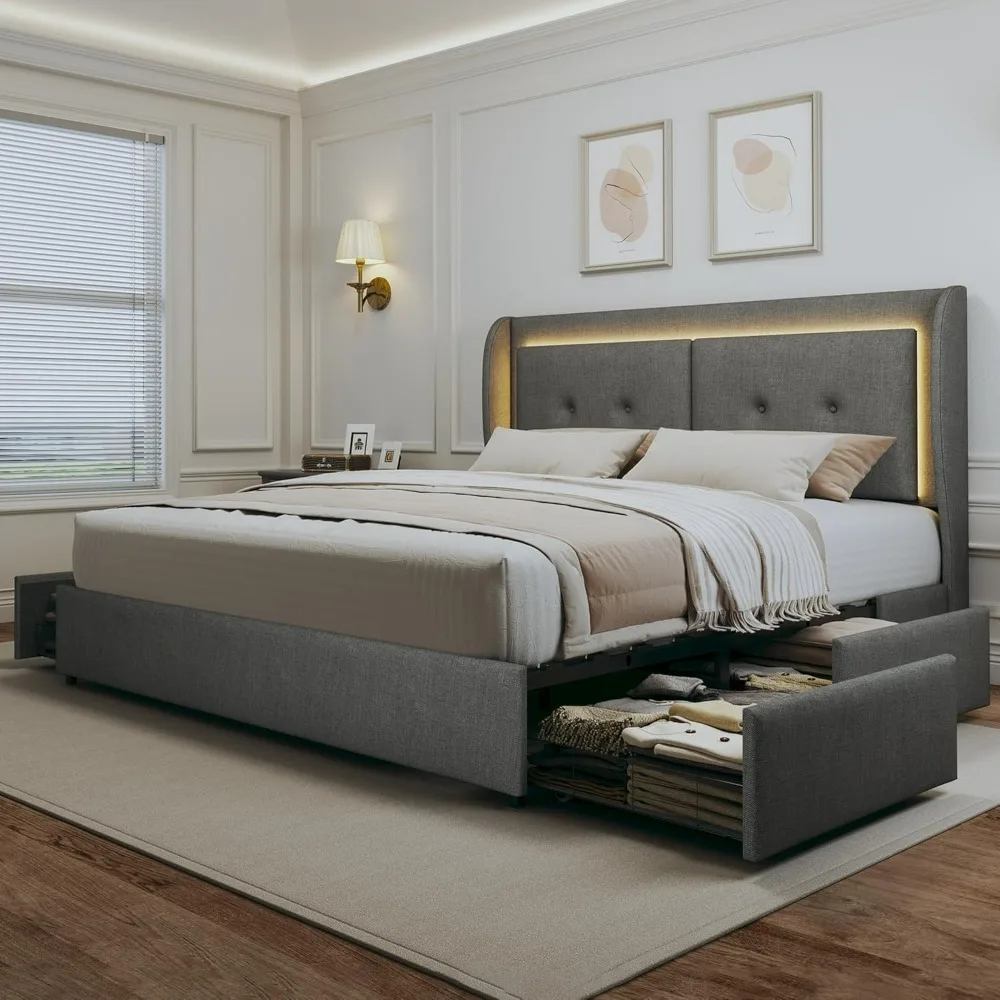 King Size Bed Frame with Storage Drawers, LED King Bed Frame and Wingback Headboard, Upholstered Platform Bed