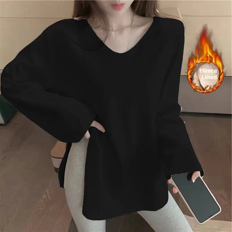 Fleece Lined V-Neck Short Sleeve Women's T-Shirt White Base Layer Shirt Warm Long Sleeve Top for Autumn Winter Commute Style