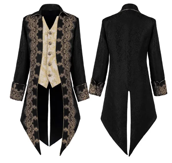 

Британский придворный смокинг с кружевной вышивкой и оборками. Мужское искусственное двухсекционное пальто короля средней длины.