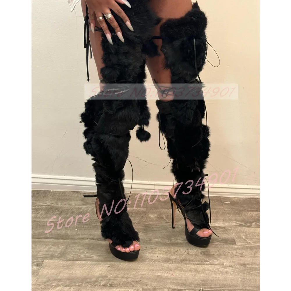 

Черные сандалии до бедра с меховой оберткой, женские босоножки на высоком каблуке с открытым носком на платформе со шнуровкой и римским ремешком, женские пикантные вечерние ботинки на шпильке