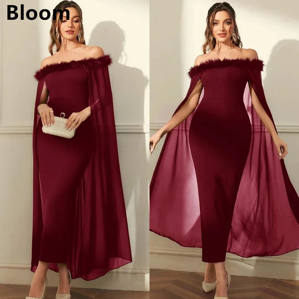 Fashion Prom Dresses Available Off-the-shoulder Sheath Formal Ocassion Gown Feathers Hugging Anke length Chiffon Evening Dresses