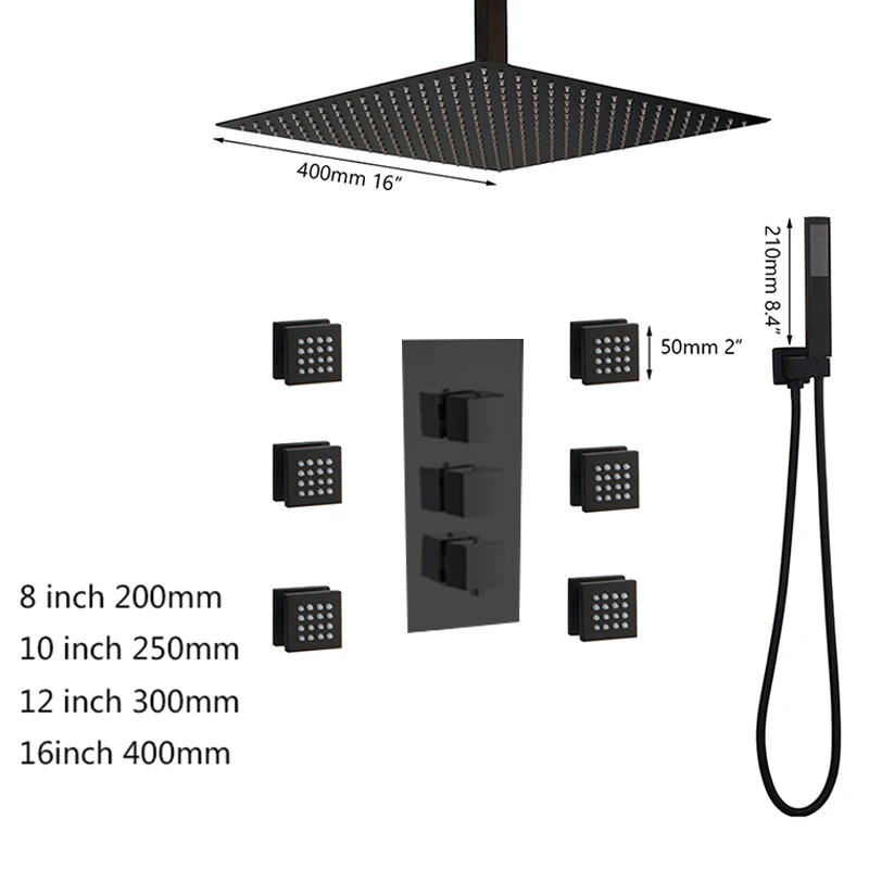 KEMAIDI Matte Black Rain Shower System Ceiling Rainfall Square Head with Handheld Spray and Body Jets Brass Mixer Faucet  Sets