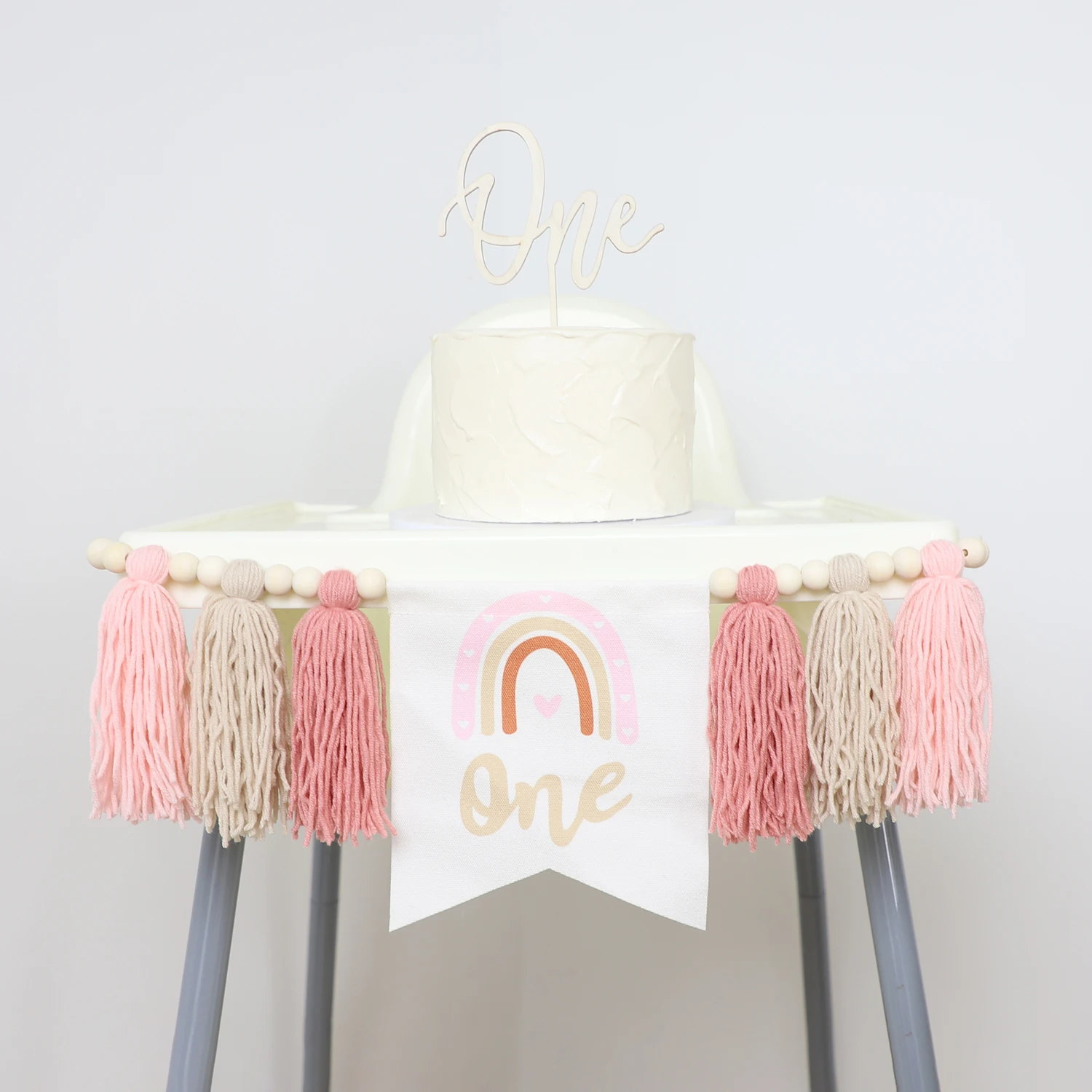 1pc 1st Birthday Rainbow High Chair Banner Handmade Wooden Bead Tassel Garland Decoration First Birthday Party Photography Prop
