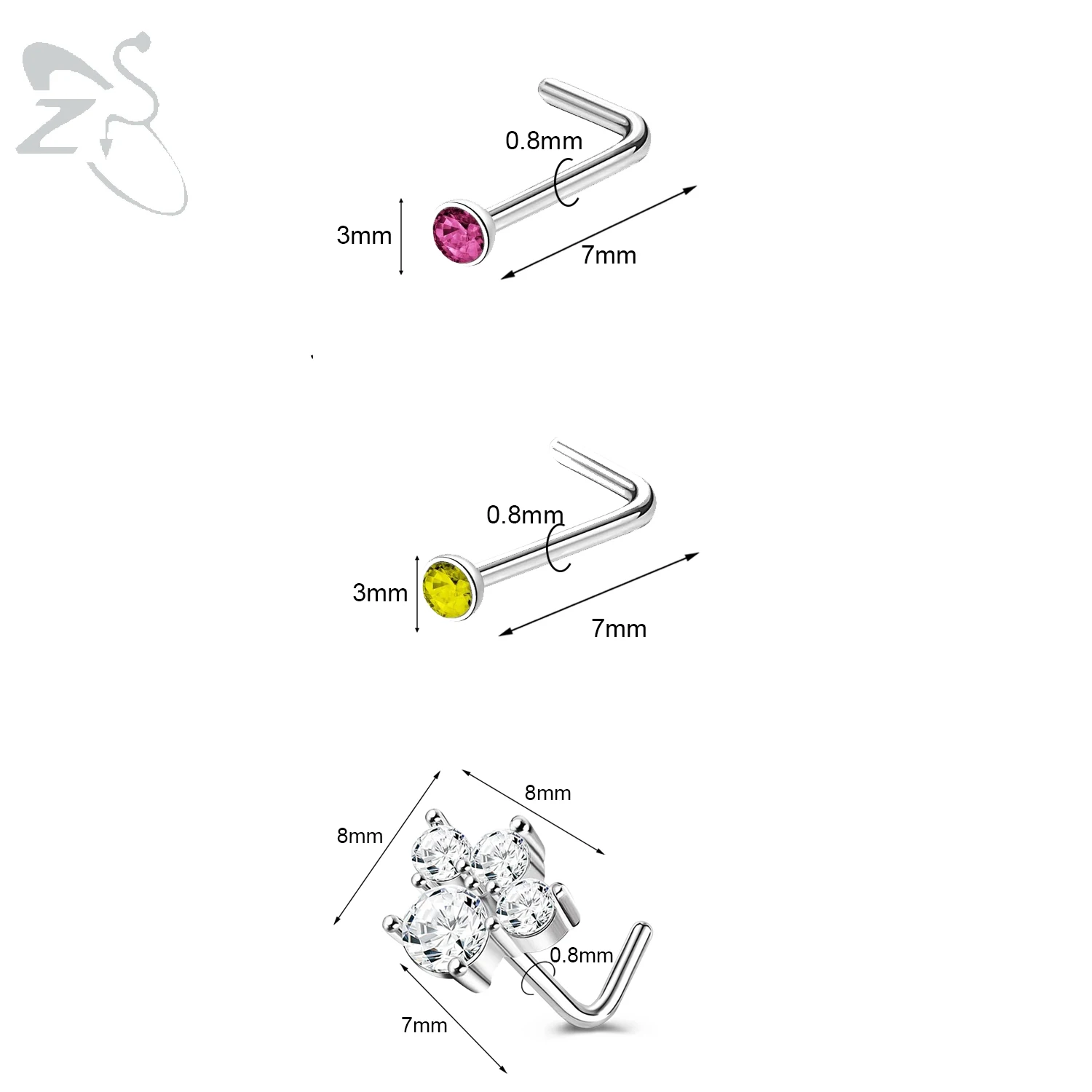 3pcs Stainless Steel Nose Stud Set with Crystals