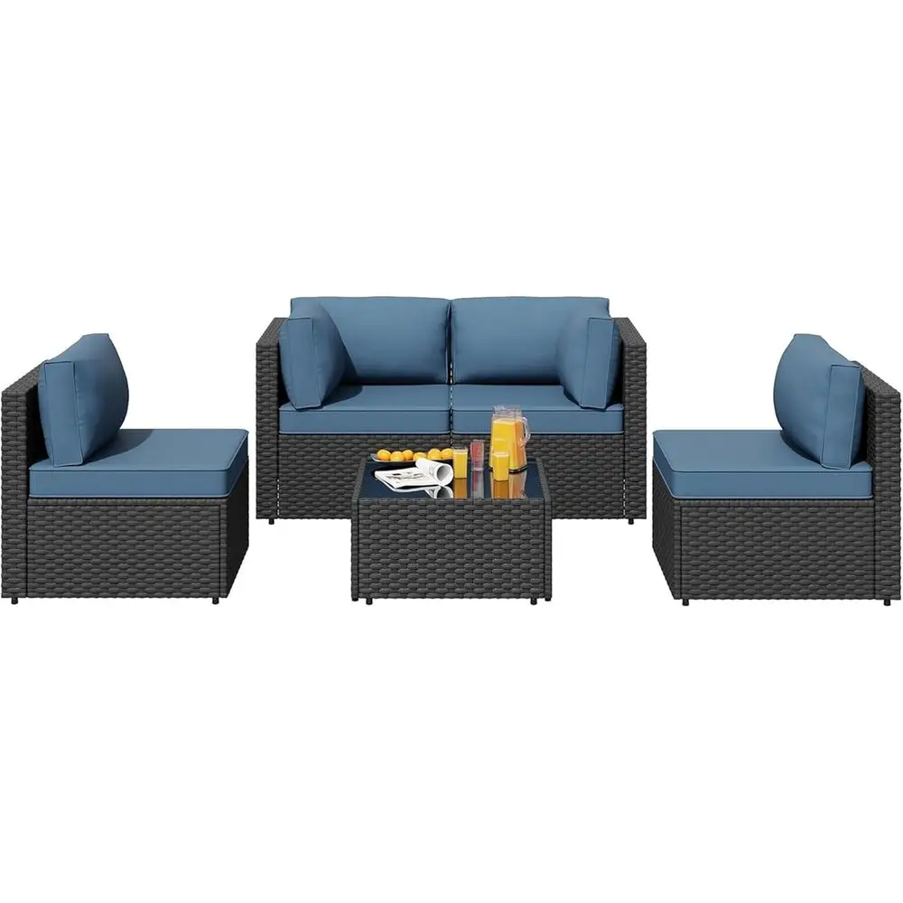 

All-Weather Rattan Outdoor Patio Sectional Sofa Set with Low Back, Tea Table, and Washable Cushions (Black)