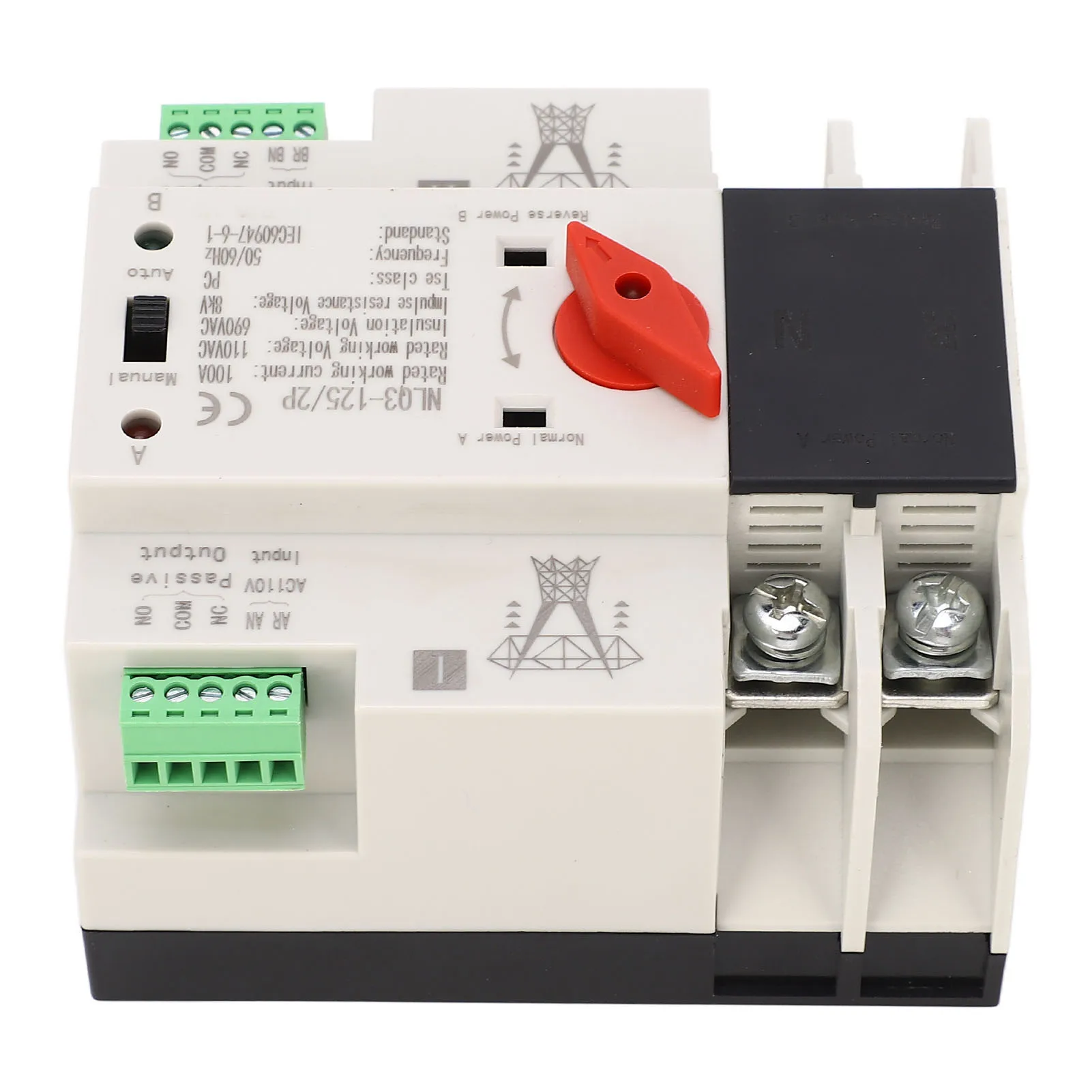 Dual Power 2P Automatic Transfer Switch 35mm Rail Mounting 2P ATS Generator Transfer Changeover Switch AC110V 100A