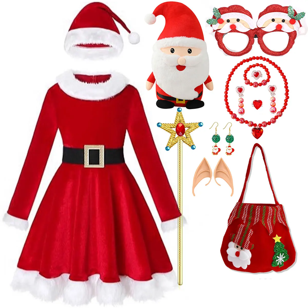 2025 السنة الجديدة عيد الميلاد عطلة حفلة حمراء طويلة الأكمام سانتا نفس النمط فتاة تأثيري سانتا كلوز كرنفال فستان + مجموعة الإكسسوارات #1