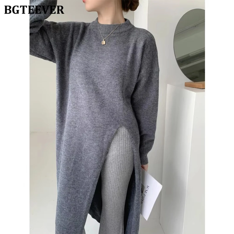 

BGTEEVER Autumn Winter O-neck Side Split Long Pullovers Sweaters Women Stylish Long Sleeve Warm Ladies Knitted Jumpers