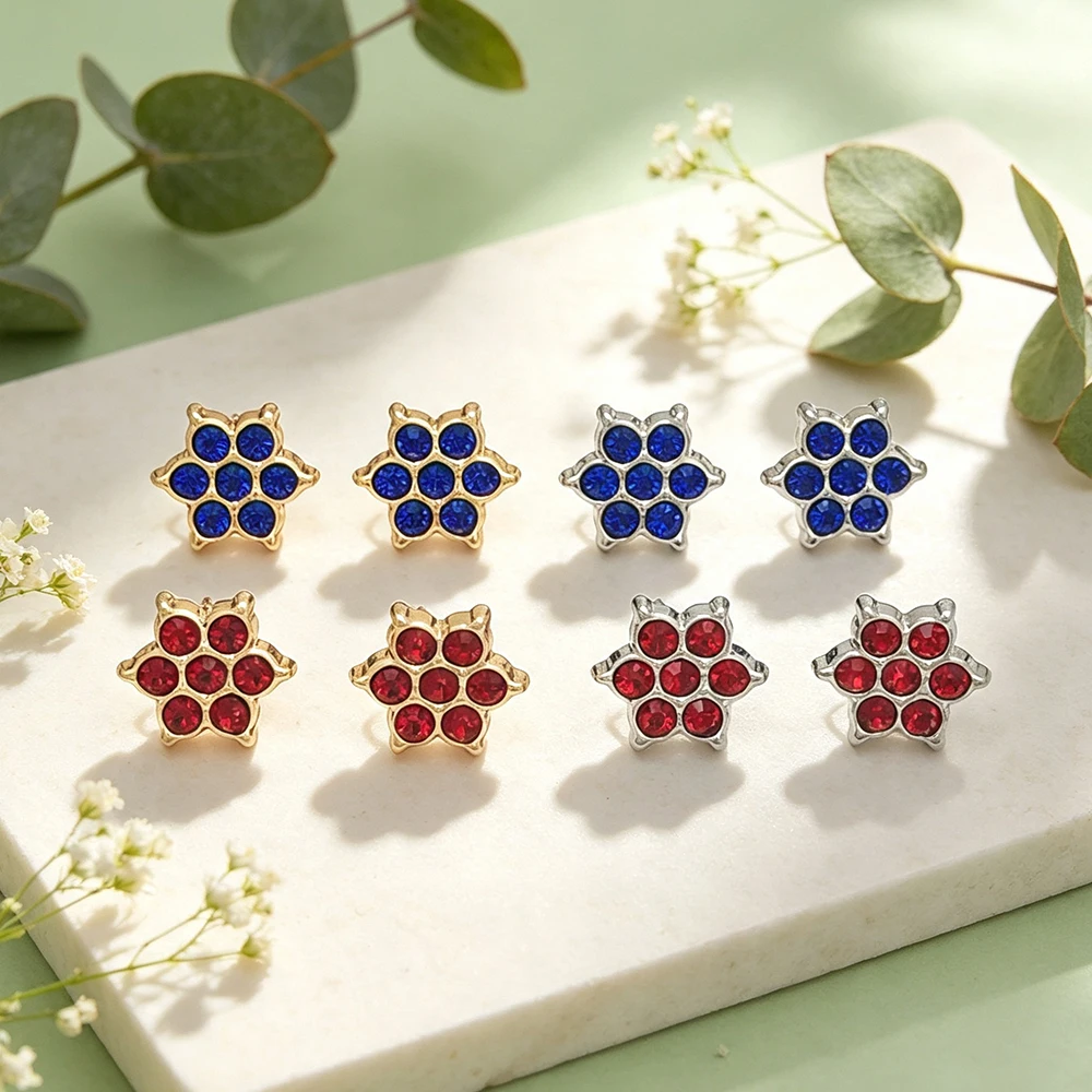 Six-Petal Flower Diamond-Studded Earrings for Women, Six-Diamond Star-Shaped Earrings, Red and Blue Earrings Gift