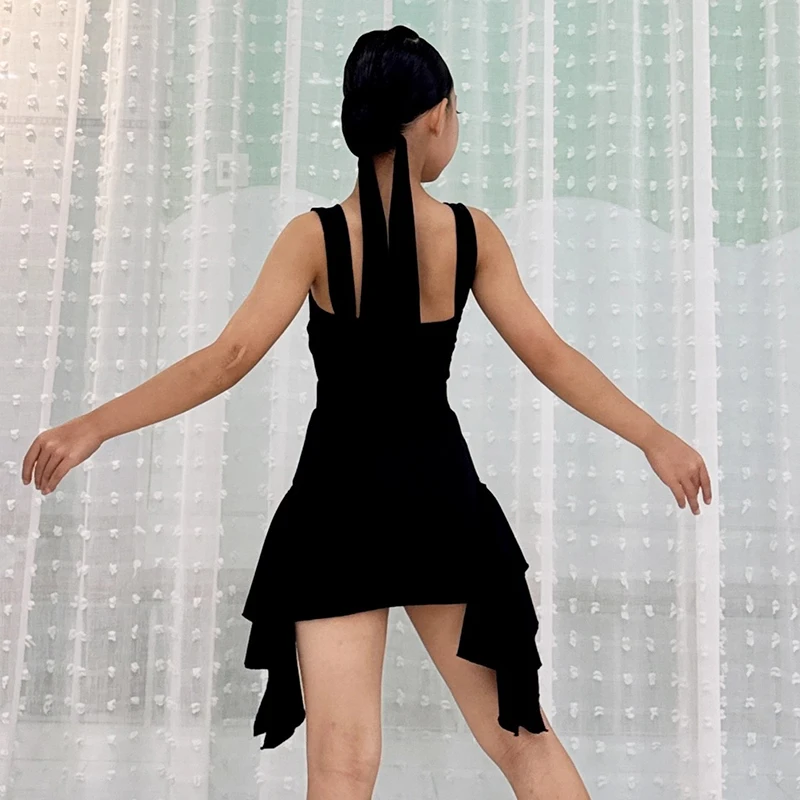 Zomer Latin Dans Pak Voor Meisjes Zwart Prestaties Outfit Mouwloze Bodysuit Rok Set Kid Latin Rumba Training Kleding 2522