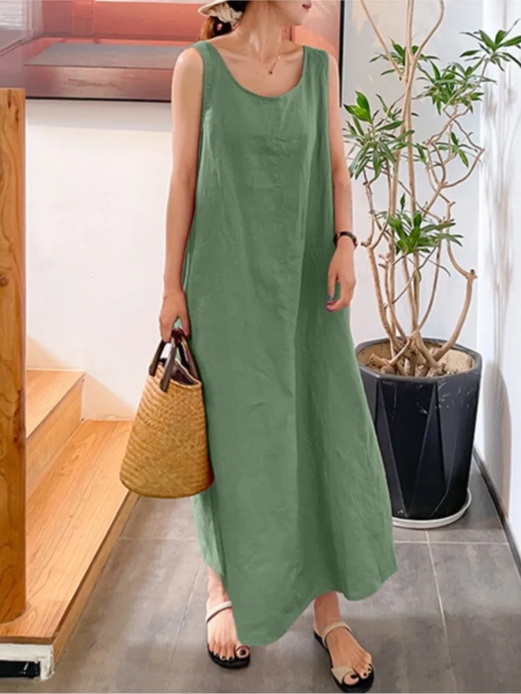 Summer Solid Color Round Neck Sleeveless Loose Dress Cotton Linen Pocket Women Retro 2024 Simple Office Women