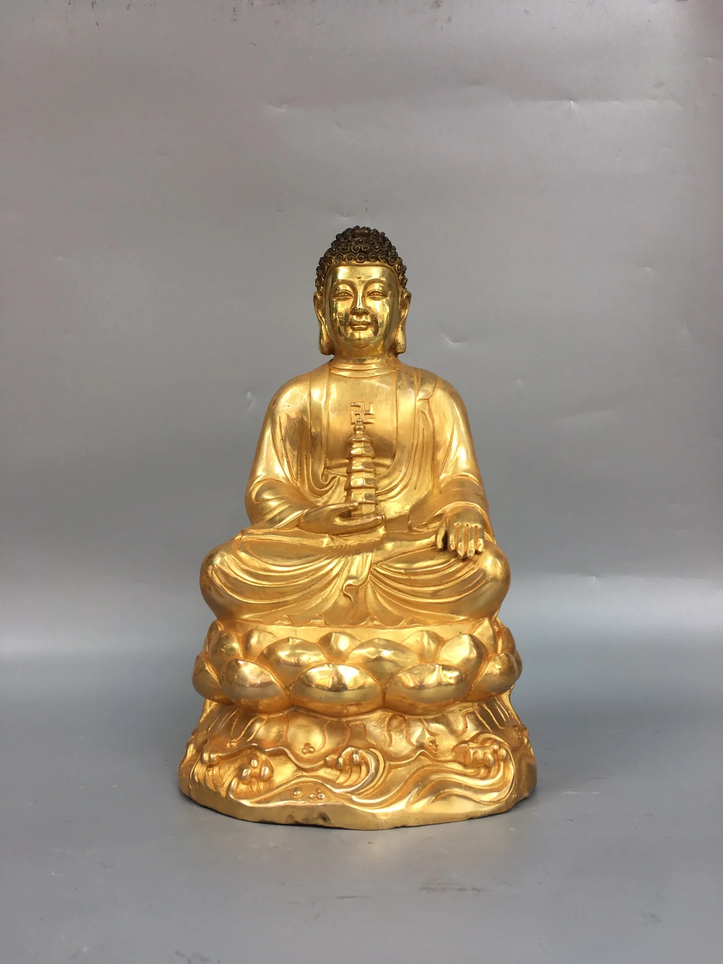 

11"Tibetan Temple Collection Old Bronze Gilded Buddha Pagoda Amitabha Sakyamuni Buddha Lotus Terrace Worship Hall Town house