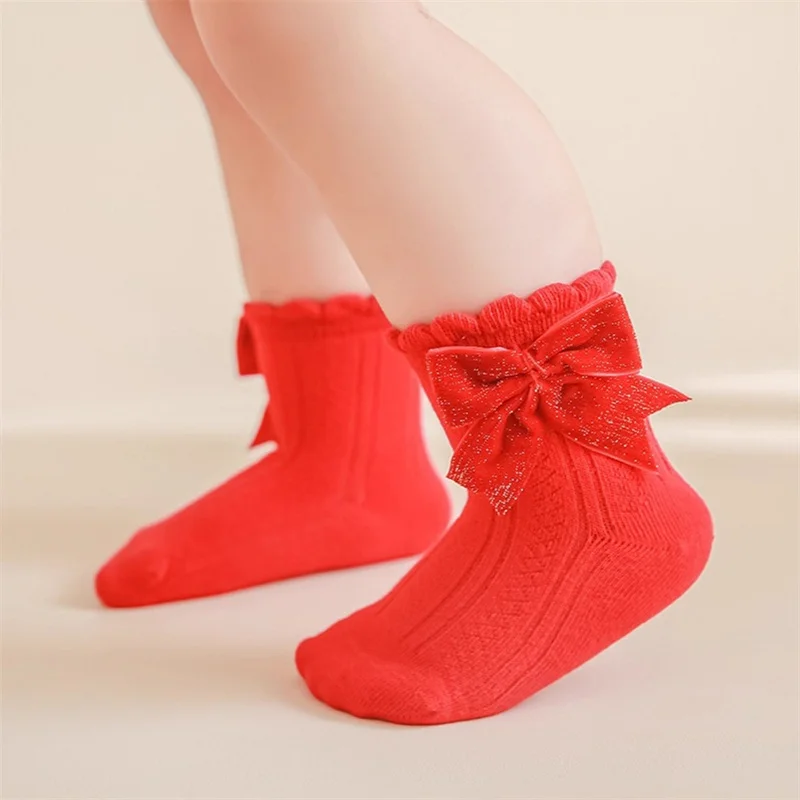 

Children's Socks For Girls Lace Bow Cotton Kids New Year Sock Autumn Winter Princess Knitted Baby Socks 0-5Y First Birthday Gift