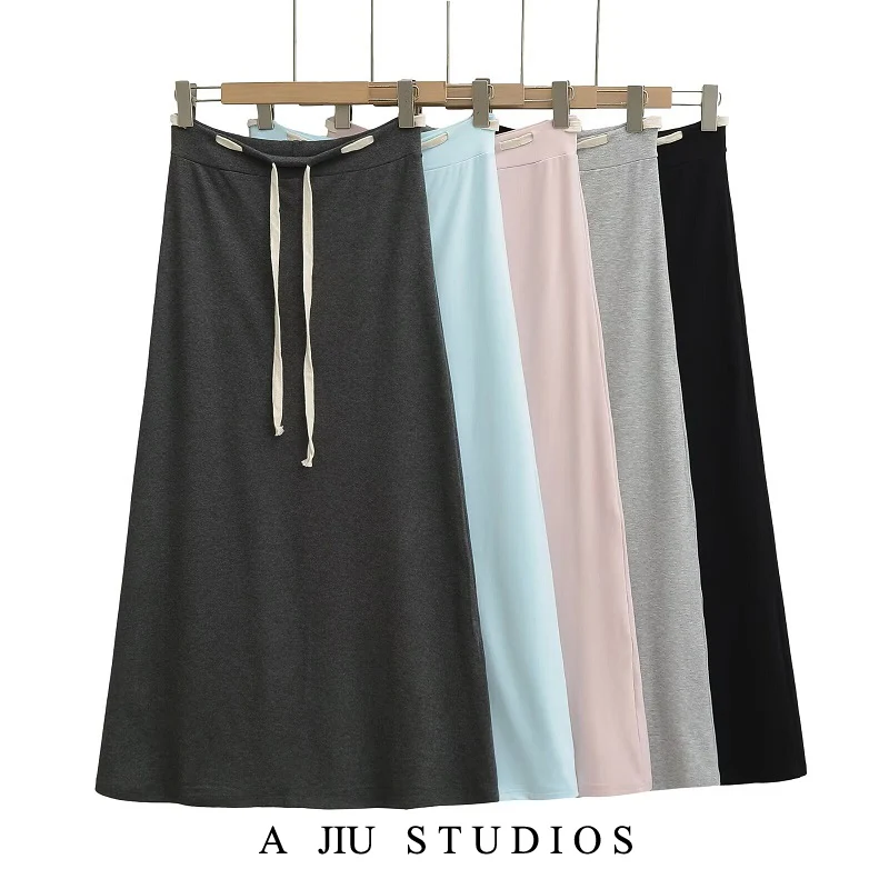 

Lazy Versatile Color Blo Waist Rope A-Line Skirt Women's Summer New Elastic High Waist Slimming Midi Length Street Sle Skirt