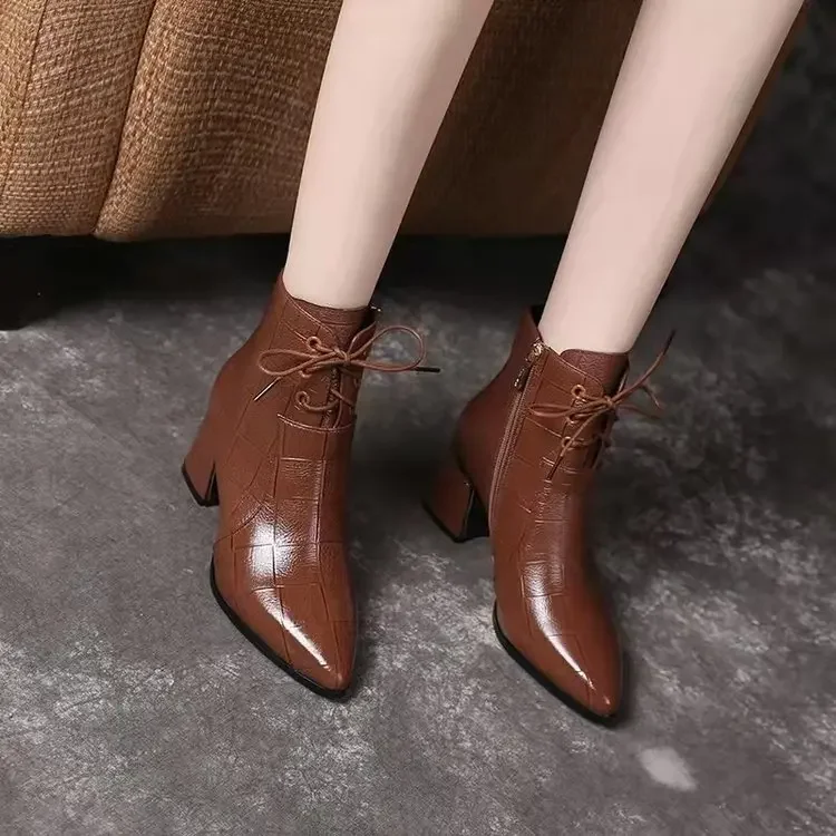 Concise Ankle Boots Women Chunky Square Heel Side Lace-Up Footwear Point Toe Decor Sewing Autumn Spring Casual Boots Women 35-42