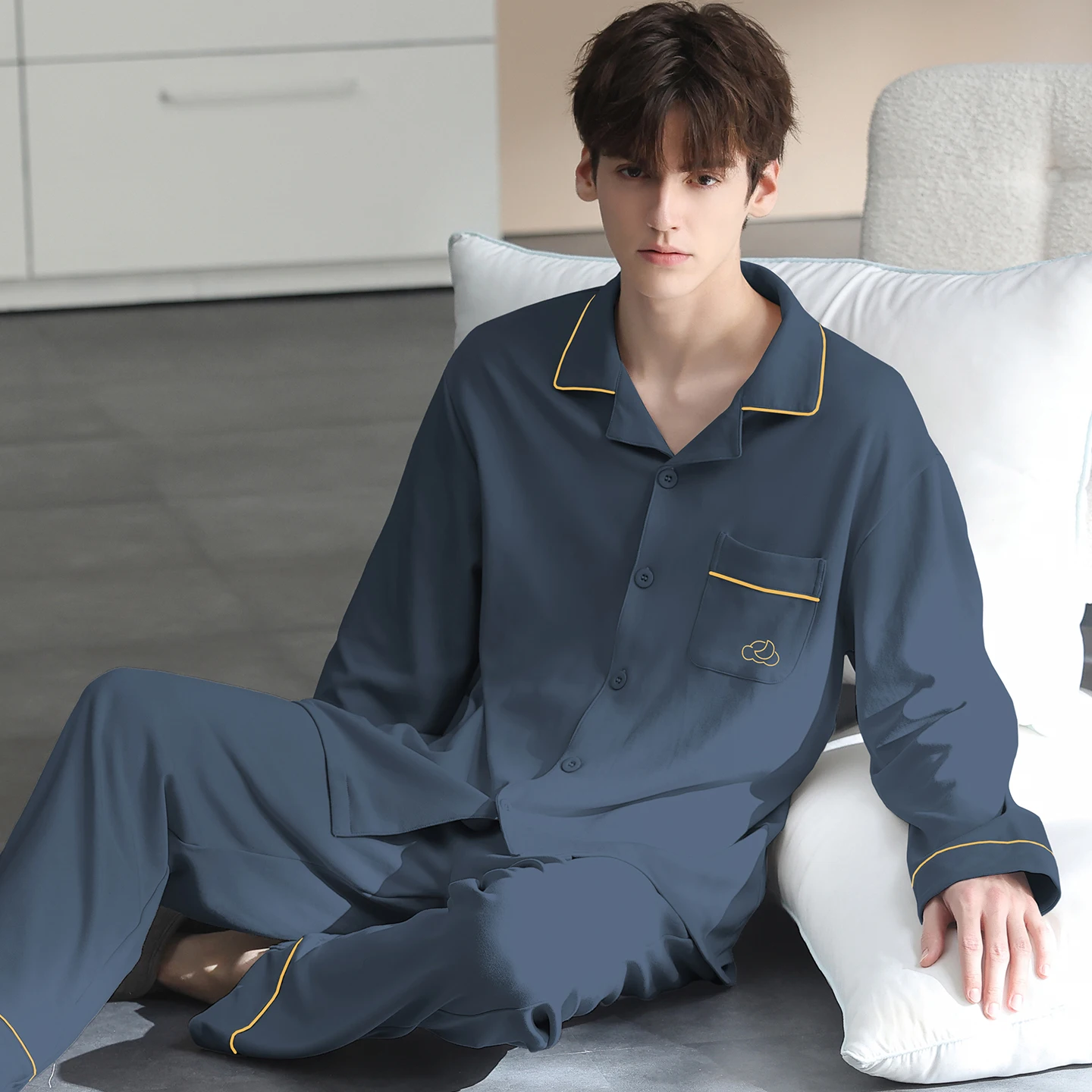 Men Pajamas Set Spring Long Sleeve Lapel Casual Tracksuit Sleepshirt + Long Pants 2pc Pyjamas Male 4XL 5XL 6XL 7XL Pijama Hombre