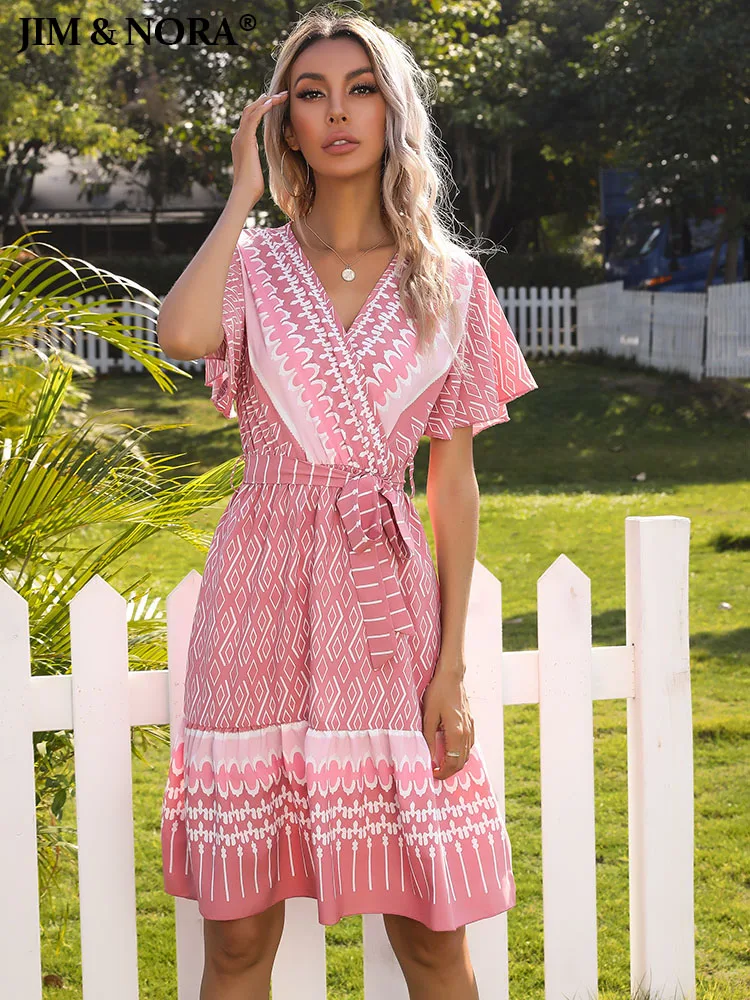 JIM & NORA Summer Beach Women scollo a V stampato floreale Boho Vestidos Mini Dress Wrap abiti Casual prendisole