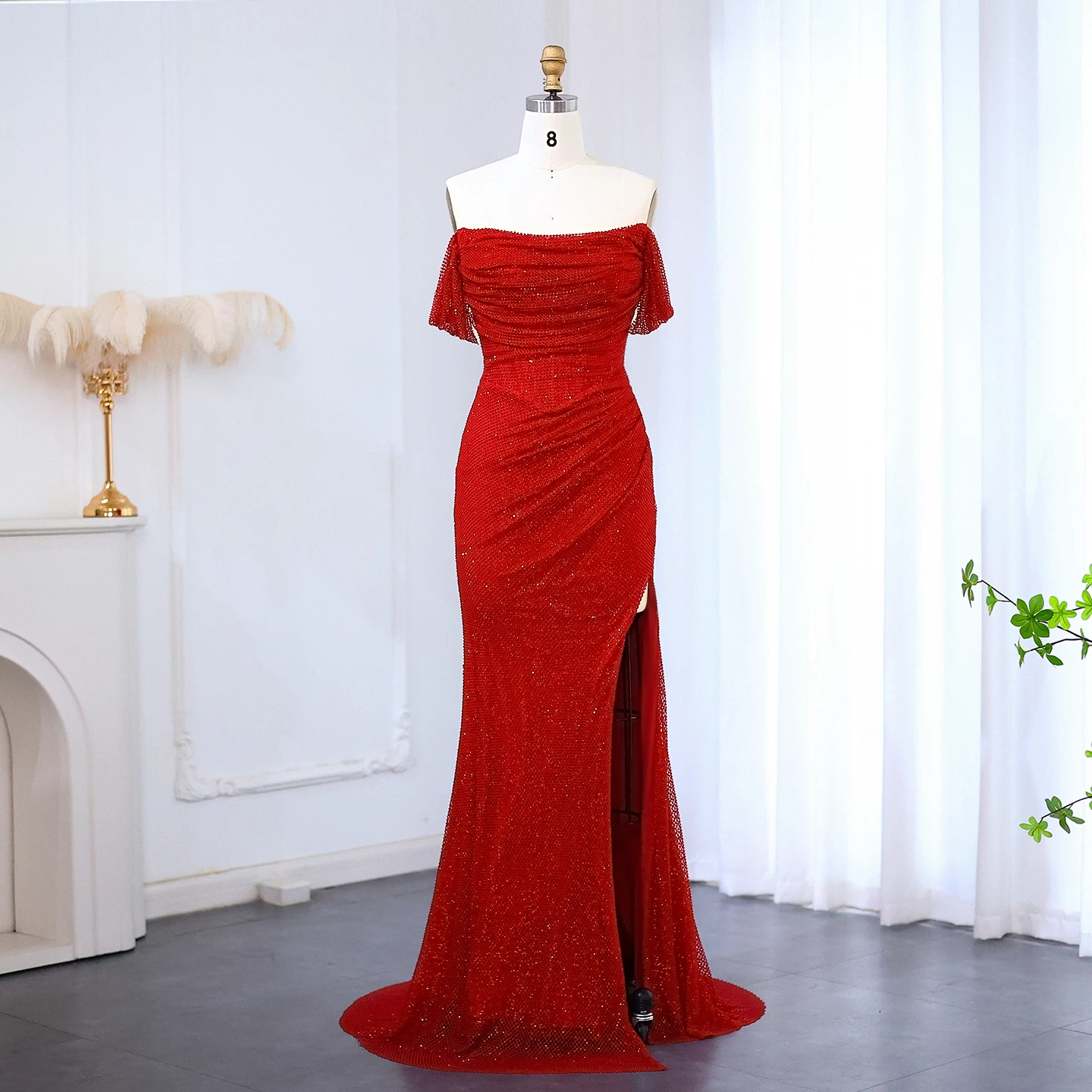 

Sharon Said Luxury Red Dubai Off Shoulder Mermaid Evening Dresses with Pleated for Women Wedding Formal Gown SF163 Customized