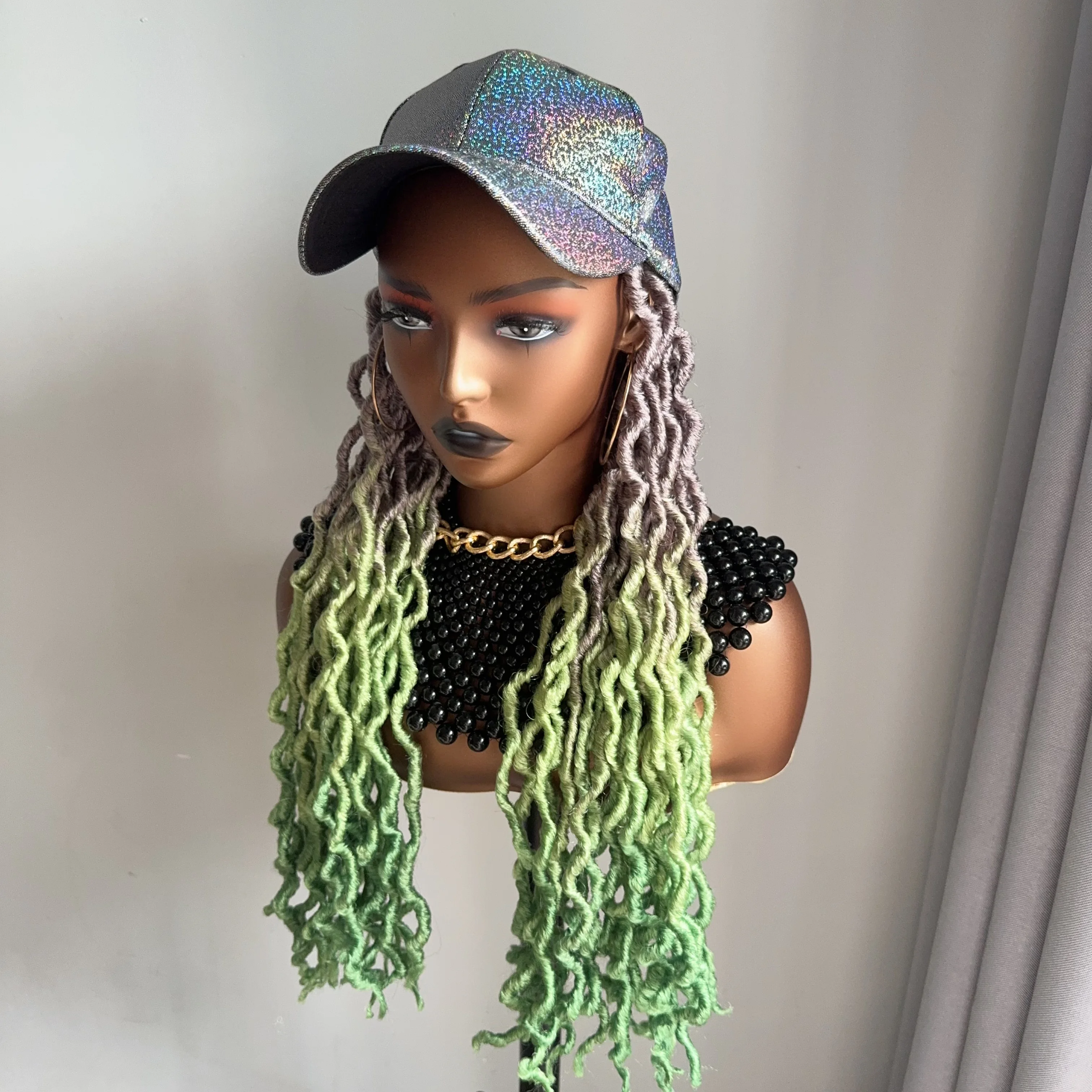 Lange Grijze Licht Donkergroene Zachte Zigeunervlechten Godin Faux Locs Met Pet Golvende Twist Vlechten Extensions Met Hoed Voor Zwarte Vrouwen