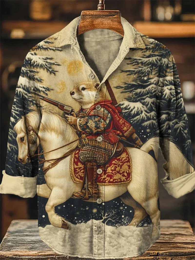 

New Casual Men's Long Sleeve Shirt Linen 3D Octopus Printed Shirt Hawaiian Flower Vintage Clothing Top Shirt