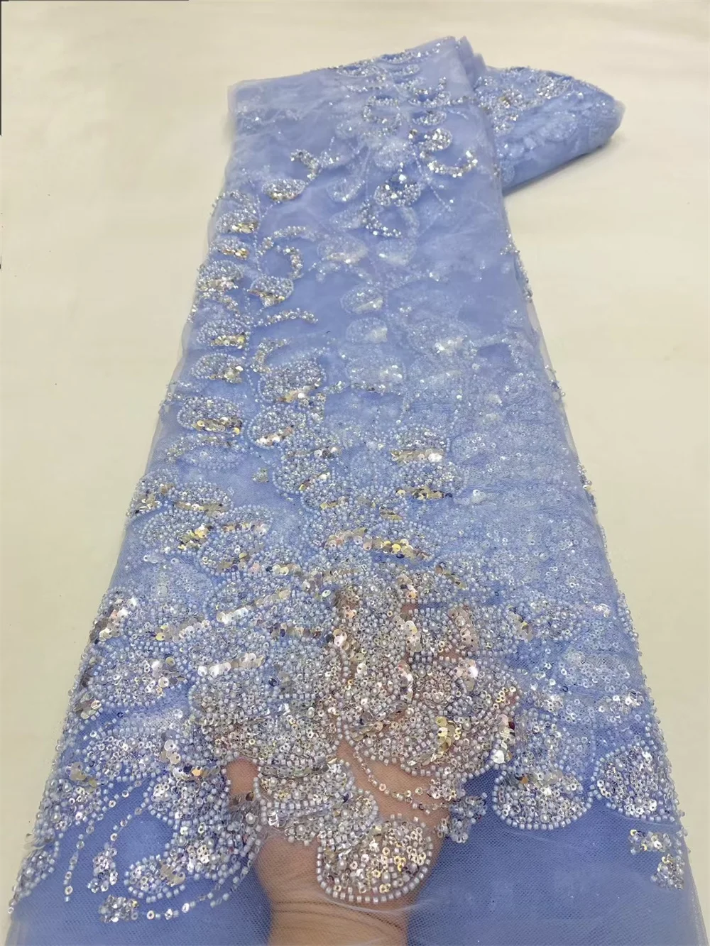

Nigerian Lace Fabric 5 Yards High Quality 2025 Sky Blue Handmade Beads Lace Fabric Embroidered Fabrics Of 5 Yrads Dress A1182-1